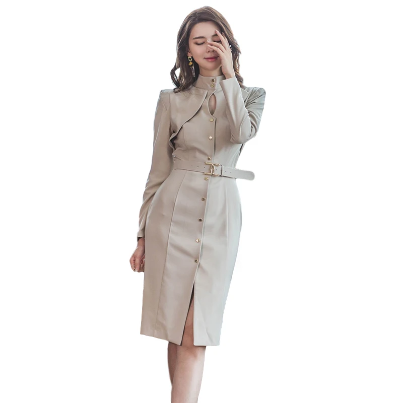 

Women Eleagnt Solid Slim Waist With Belt Long Sleeve Turnneck Female Pencil Dress Office Ladies Mid-Length Vestidos