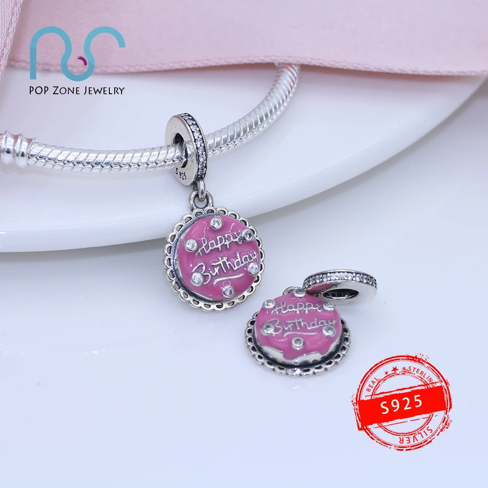 

Fit Original Pandora Charm Bracelets Pink Birthday Cake Dangle Charm Make a Wish 925 Sterling Silver Fine Beads DIY New Jewelry