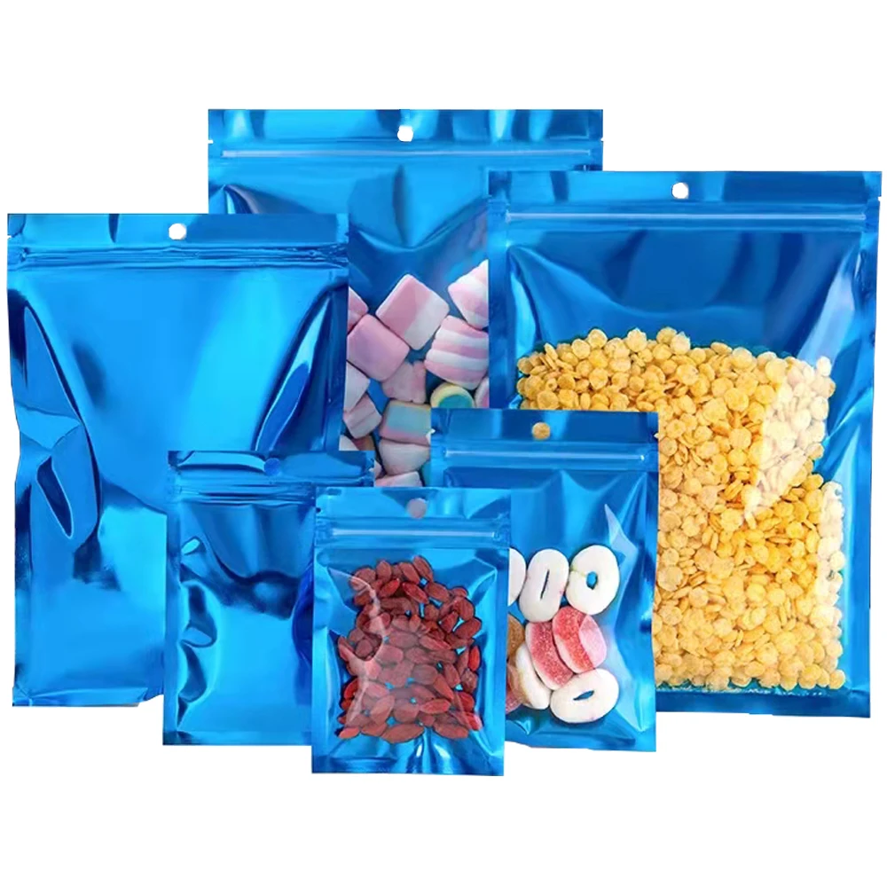 

1000Pcs Tear Notch Zip Lock Food Snack Candy Nut Gift Cookies Packaging Pouches Clear Blue Aluminum Foil Bag with Hang Hole