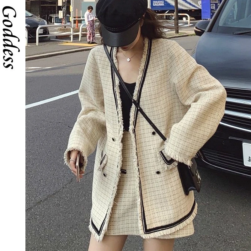 

2 Piece Set Women Clothes Office Ladies Chic Coat Plaid Irregular Cropped Fashion Elegant Short Skirt Mini Korean Streetwear