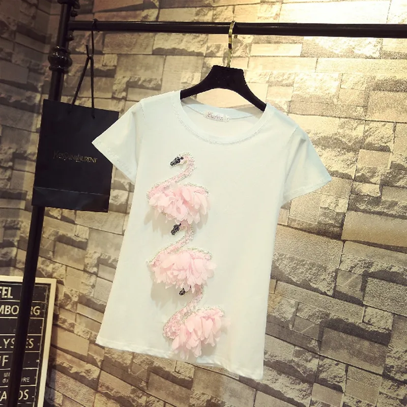

2021 New Summer 3D Appliques Animal Pattern T Shirt for Women Modis Shirt O-Neck Casual Loose Sweet T-shirt Tee Woman Tshirts