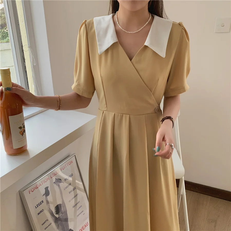 

Summer Women's Yellow Elegant Dress Solid Lapel Pleated Lace Midi Dress Female Vestidos