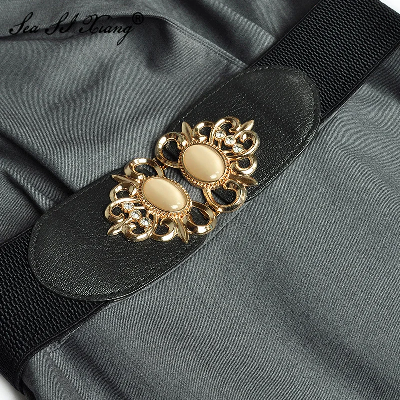 

Seasixiang Fashion Designer Autumn Solid color Dress Women's Turn-down Collar Sashes Long Sleeve Office Lady Dresses + Brooch
