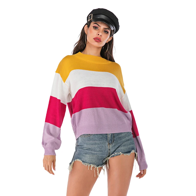 European and American Autumn Winter Women's Knitted Sweater Long-sleeved Wild Color Round Neck Shirt | Женская одежда