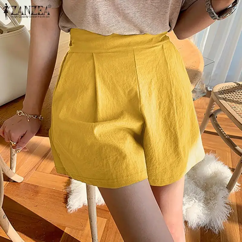 

ZANZEA Fashion Shorts Women 2021 Summer Cotton Linen Elastic Waist Shorts Casual Solid Pleated Mini Lady Loose Shorts