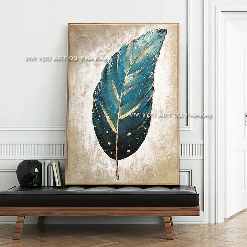 

Большие Абстрактные перья на холсте, роспись вручную, настенные художественные картины, синие Золотые листья, декоративная картина для гос...