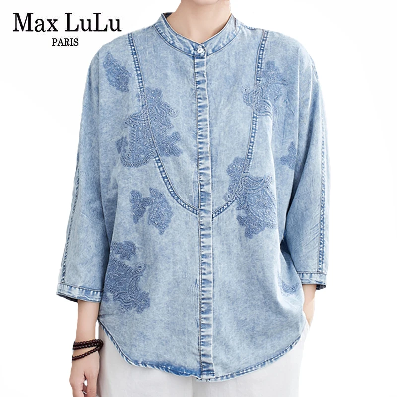 

Женская джинсовая рубашка с принтом Max LuLu, повседневная свободная голубая рубашка с пуговицами в китайском стиле, осень 2021