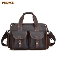 retro crazy horse cowhide mens briefcase business genuine leather large capacity multi pocket handbag shoulder messenger bags