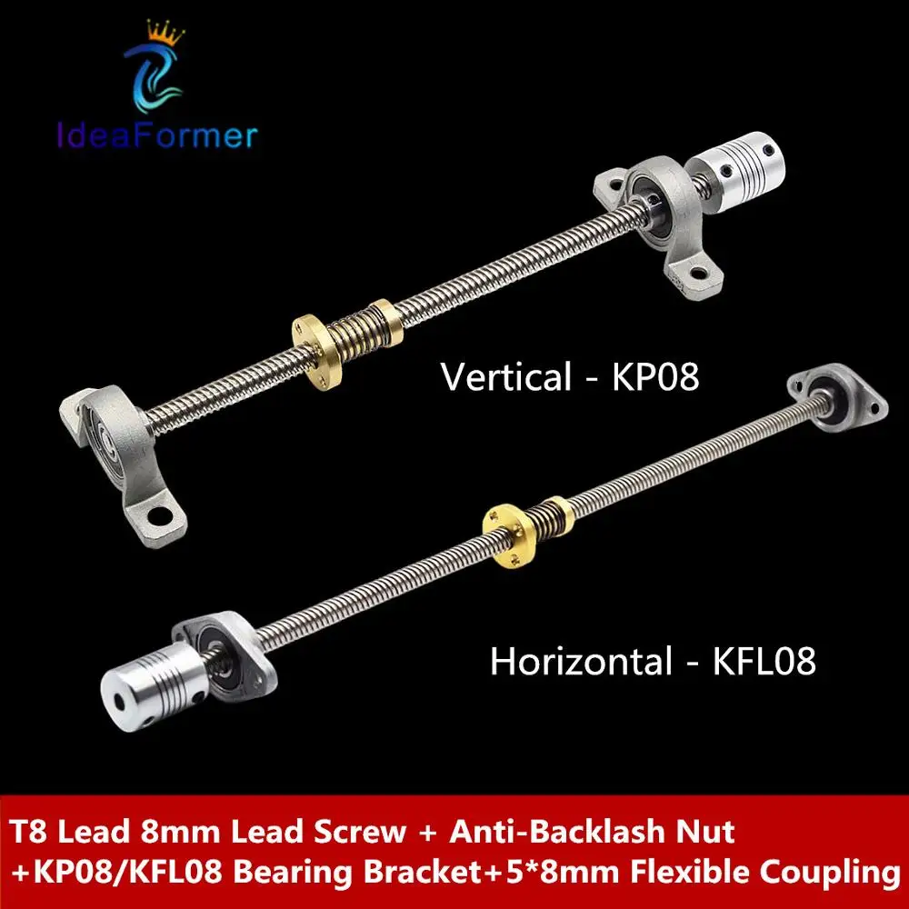 

T8 Trapezoidal Lead Screw 150-600mm+Anti-Backlash Nut+KP08/KFL08 Bearing Bracket+5*8mm Flexible Coupling For 3D Printer Parts.