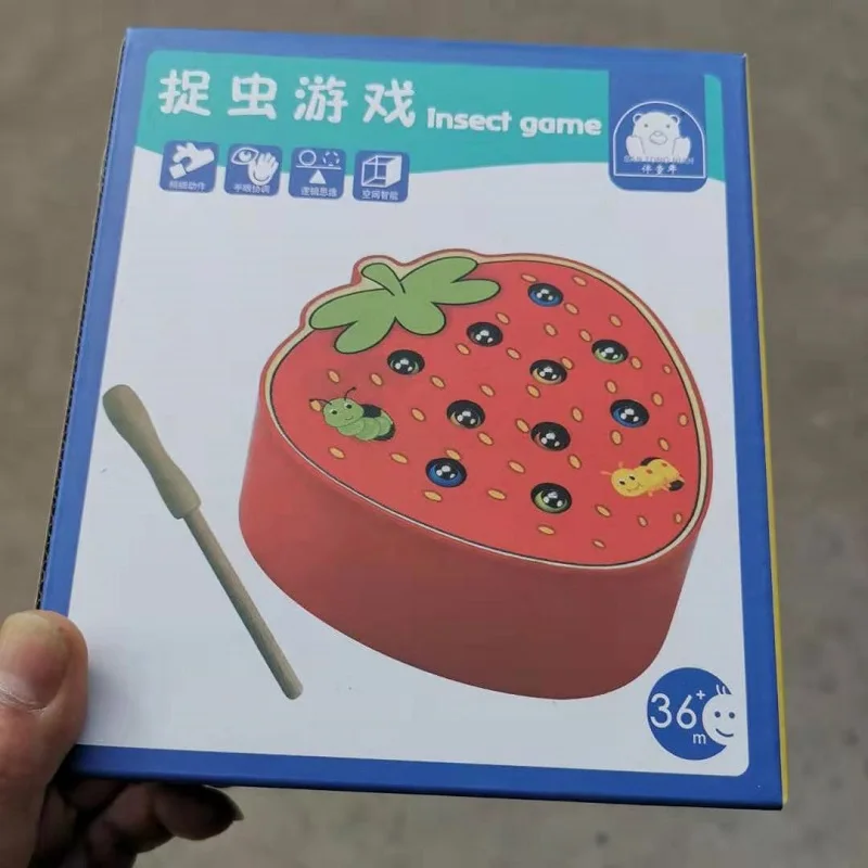 

Children Montessori Early Educational Insect Game Strawberry Toy with Magnetic Catch Bug Wooden Building Block Math Toys