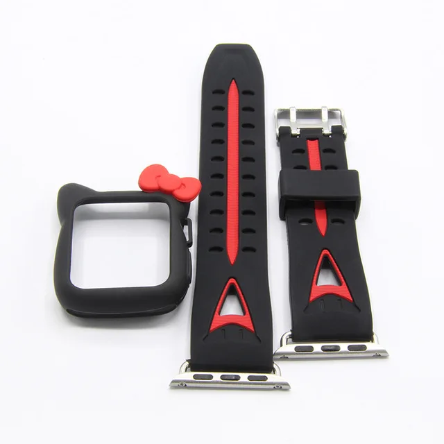 Rose red Мягкий силиконовый чехол для часов 2 в 1 для Apple Watch band 38 мм 42 мм Hello kitty защитный ремешок для iwatch series 3/2/1 - Цвет ремешка: Rose red