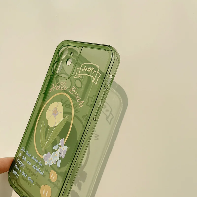 

Cartoon Flowers IPhone11ProMax/12Mini/XR/XS/X/8/7 Drop-proof Green Silicone Transparent Couple Mobile Phone Case Wholesale