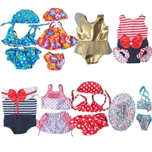 Летний купальник для 18-дюймовой девочки, аксессуары + Кепка, летний купальный костюм с шапочкой, подходит для кукол 43 см