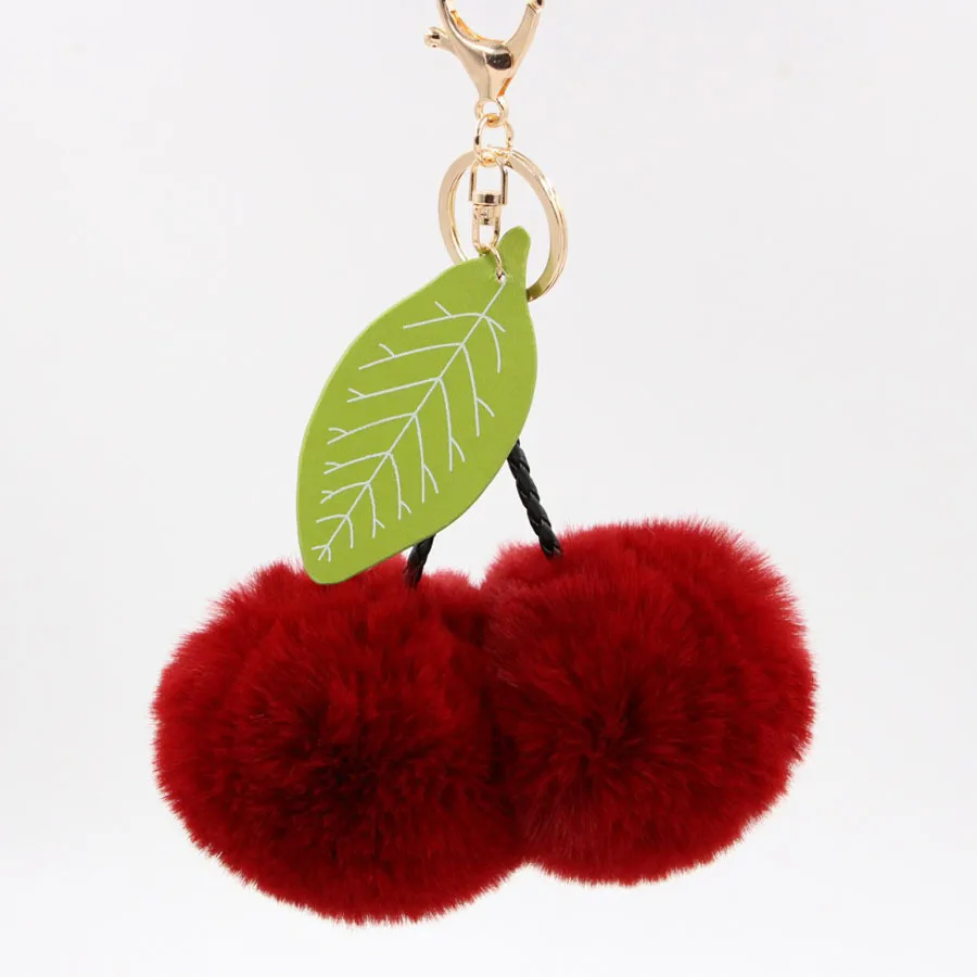 

Fluffy Pompon Plush Cherry Faux Plush Ball PU Leaf Cherry Keychain Bag Key Pendant Car Key Accessories Women Fashion Gifts