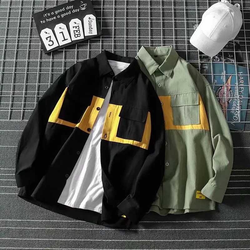 

2021 Spring Long Sleeve Harajuku Shirt Men Vintage Patchwork Shirts Button Up Black Shirt Streetwear Tops Camisa Masculina