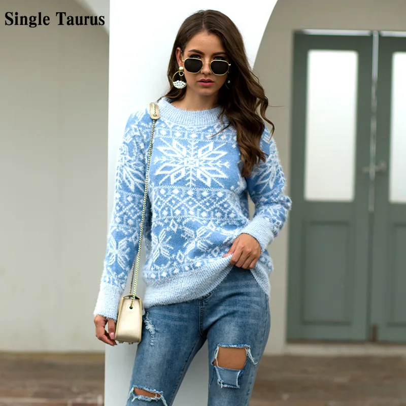 

Autumn Winter Female Christmas Sweater O Neck Long Sleeve Casual Snowflake Pullover Knitted Streetwear Slim Ladies Jumper Tops