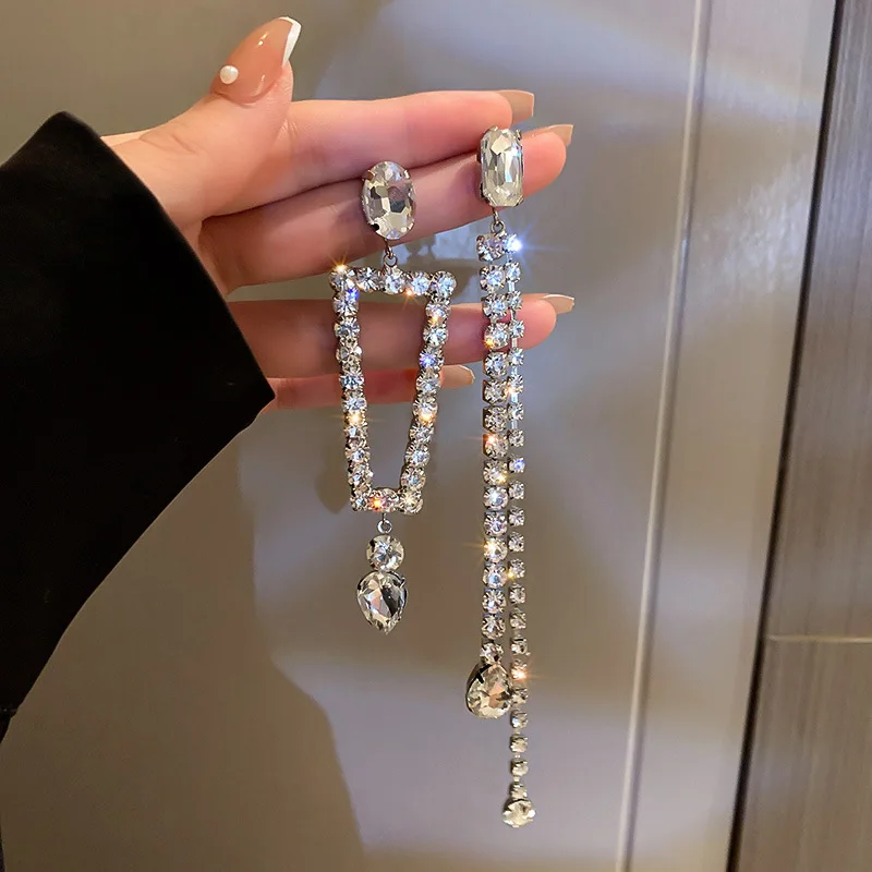 

925 Silver Needle Diamond Drop Asymmetric Tassel Earrings European and American Long Earrings Jewelry Tassel Earrings