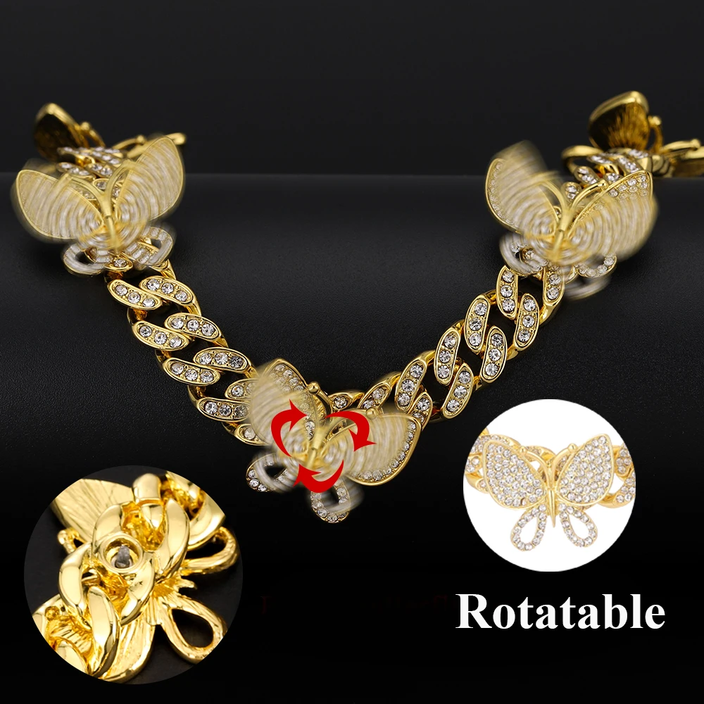 

12mm Iced Zircon Butterfly Cuban Necklace Chain Hip hop Jewelry Gold Color Copper Material CZ Clasp Mens Necklace Link 18-28inch