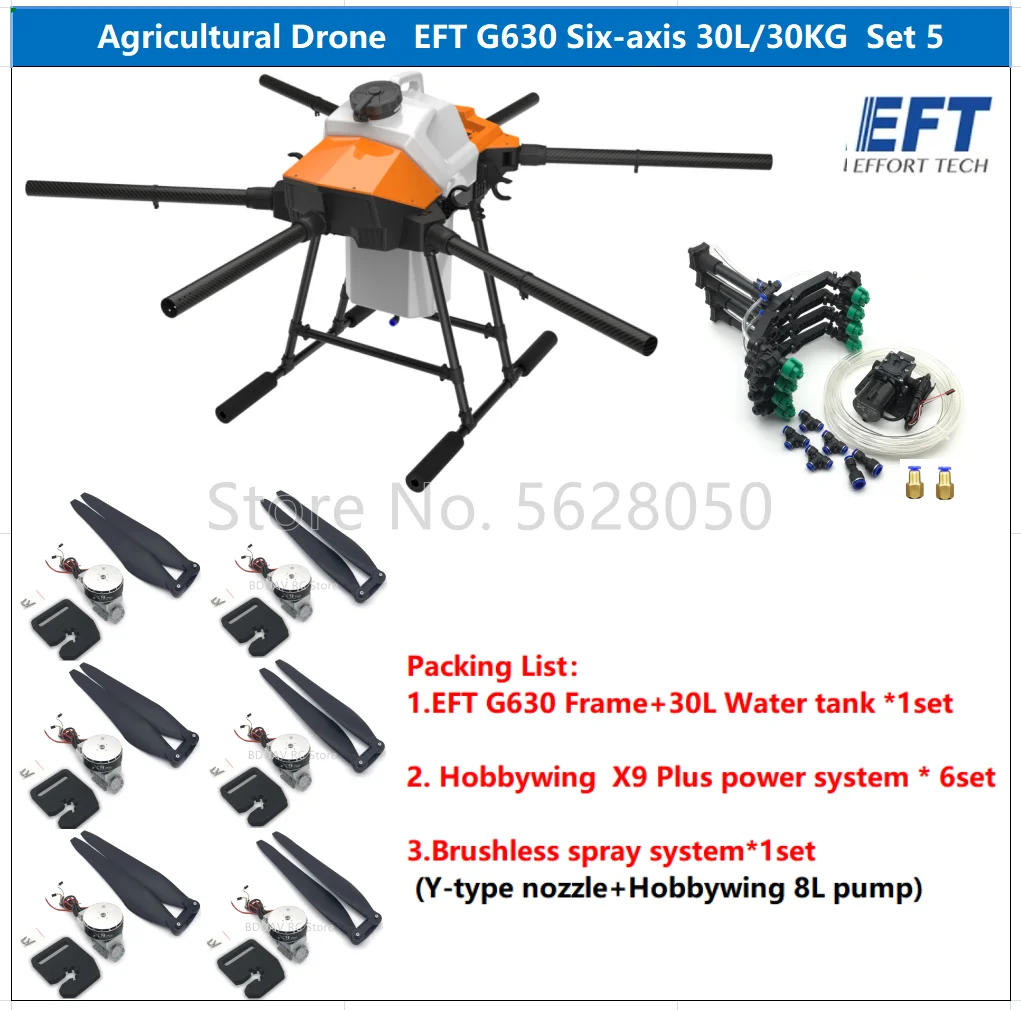 

NEW EFT G630 6 Axis 30L 30KG Agricultural Spray Drone 5L 8L Pump VD32 T12 H12 K++ K3A With Hobbywing X9 Power System Kit