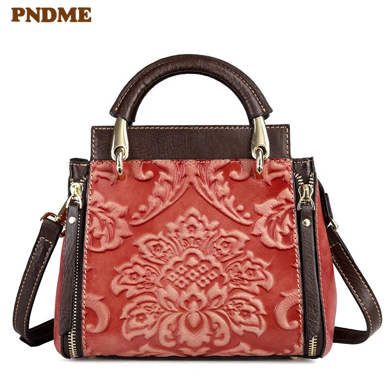 PNDME ручной работы тисненая натуральная кожаная женская сумка Ретро Мода