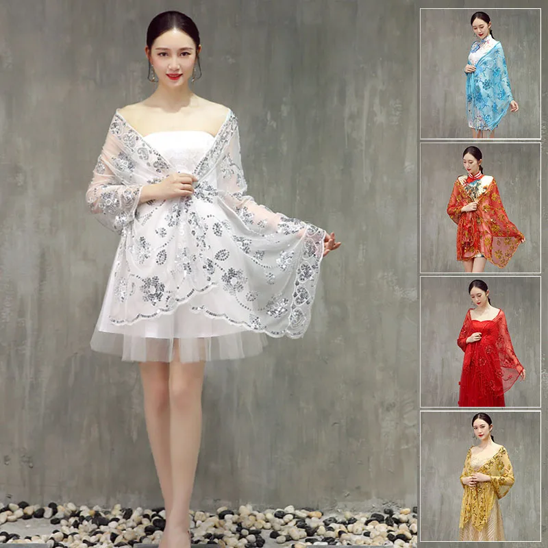 Белое свадебное кружевное болеро с блестками длинное вечернее платье накидка