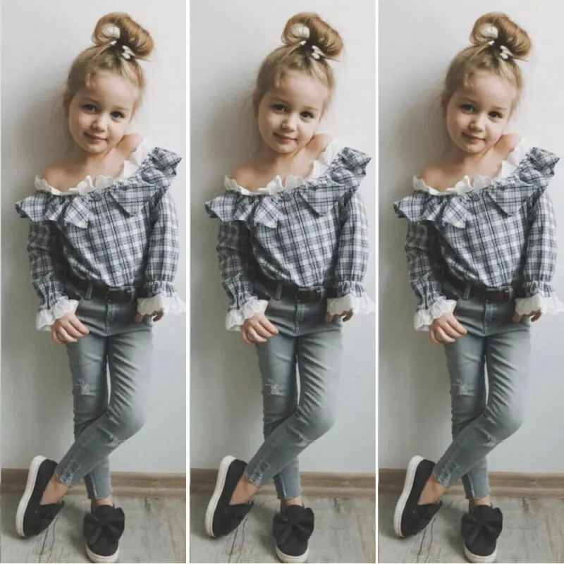 Girls Clothes 2 3 4 5 6 7 Years Sweet Lace Ruffle Long Sleeve Plaids Shirt Tops Jeans Pants Outfits 2pcs set Kids Baby Clothing
