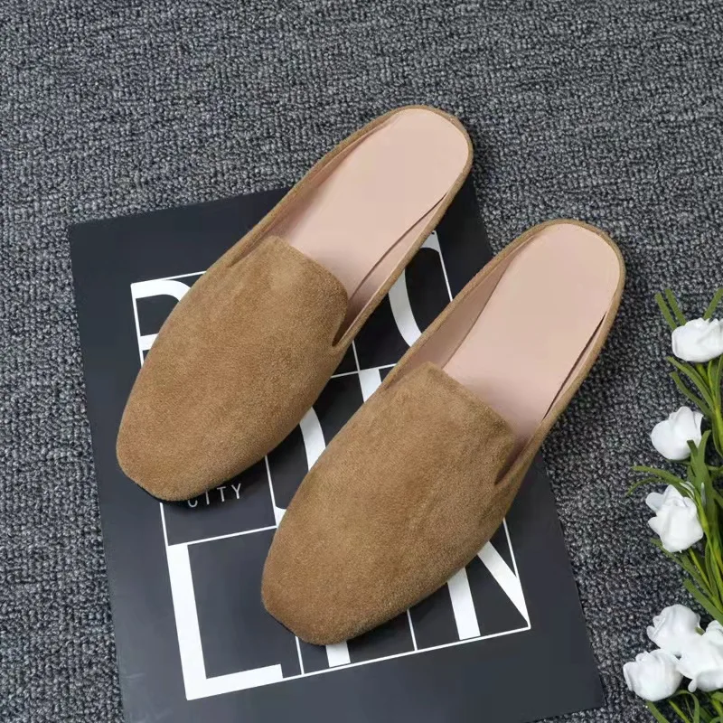 

2021New Trendy Women Beach Sandals Slippers Fancy Summer Muller Slides Ladies Slipper Outdoor Flat Suede Leather Mules Shoes