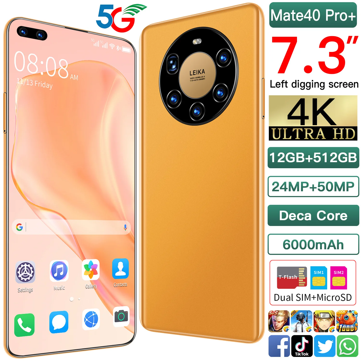 

7.3" Mate40 Pro+ Smartphones 12+512GB Andriod10.０ Dual SIM Cellphones 6０00mAh Big Battery 50MP 4G 5G LTE