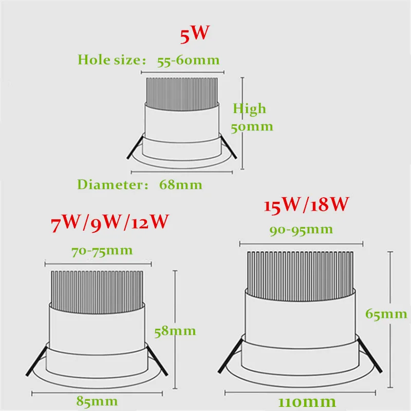 Round Dimmable Downlights 5W 7W 9W 12W 15W 18W LED Ceiling lamp recessed COB Spot lights ac85-265V Indoor Lighting | Освещение
