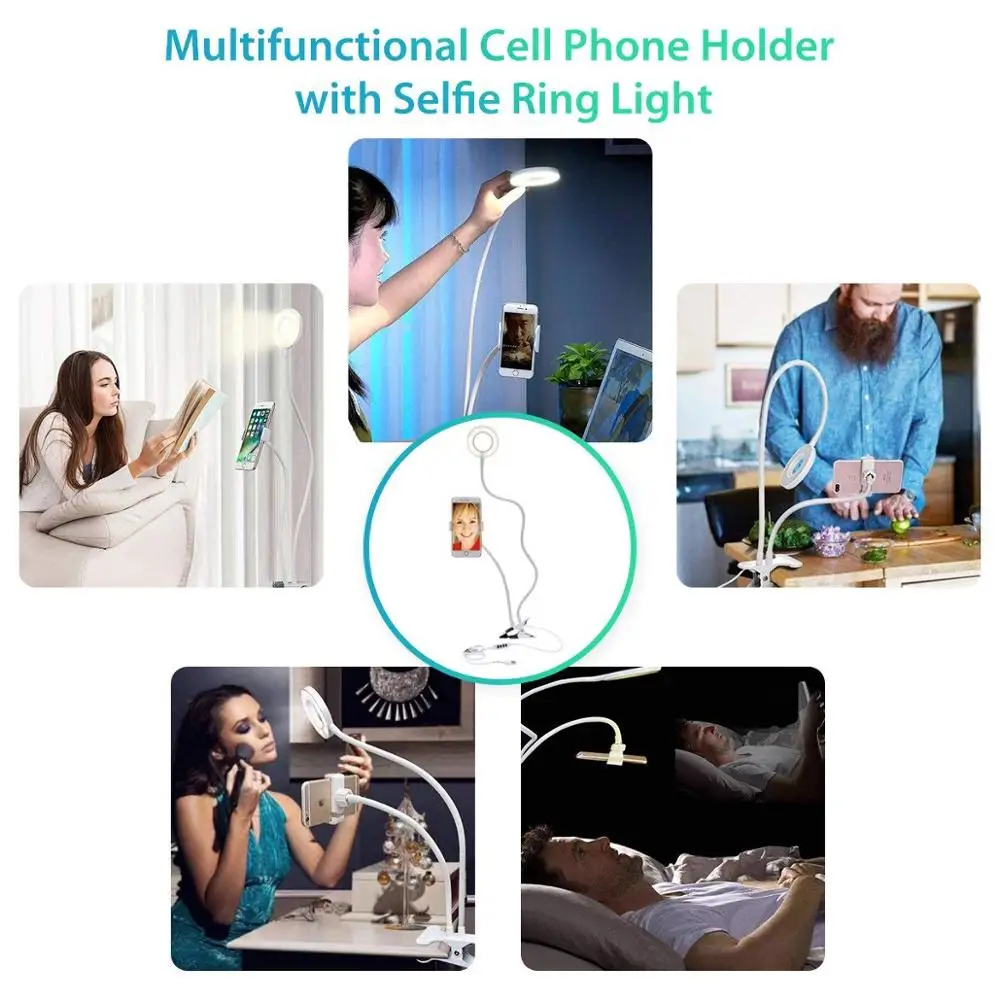Светодиодный светильник с зажимом для селфи и кольцом держателем мобильного