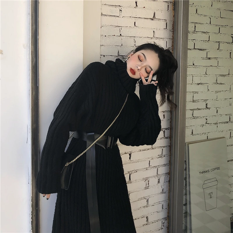 Модное черное платье-свитер, женские длинные топы, новинка, свитер с высоким воротом, женский пояс, тонкий пуловер, вязаное платье, Vestido JIN23
