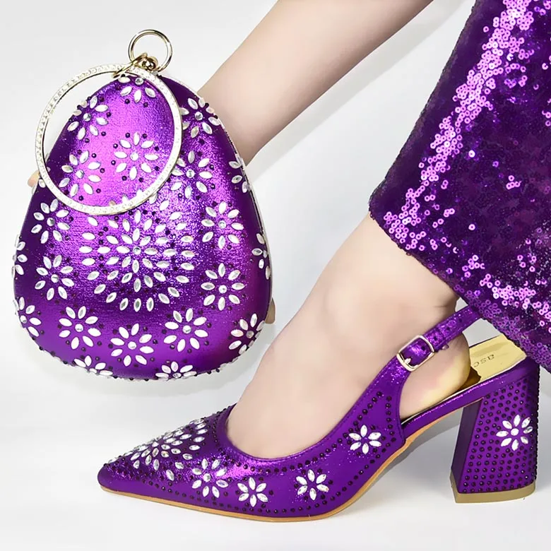 

New Arrival Italian Shoes with Matching Bags Set Decorated with Rhinestone Women Italian African Party Pumps Shoes and Bag Set