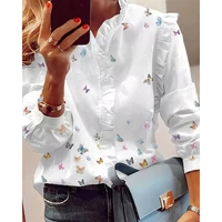 women elegant fashion butterfly print blouses top ruffled trim casual long sleeve blouse