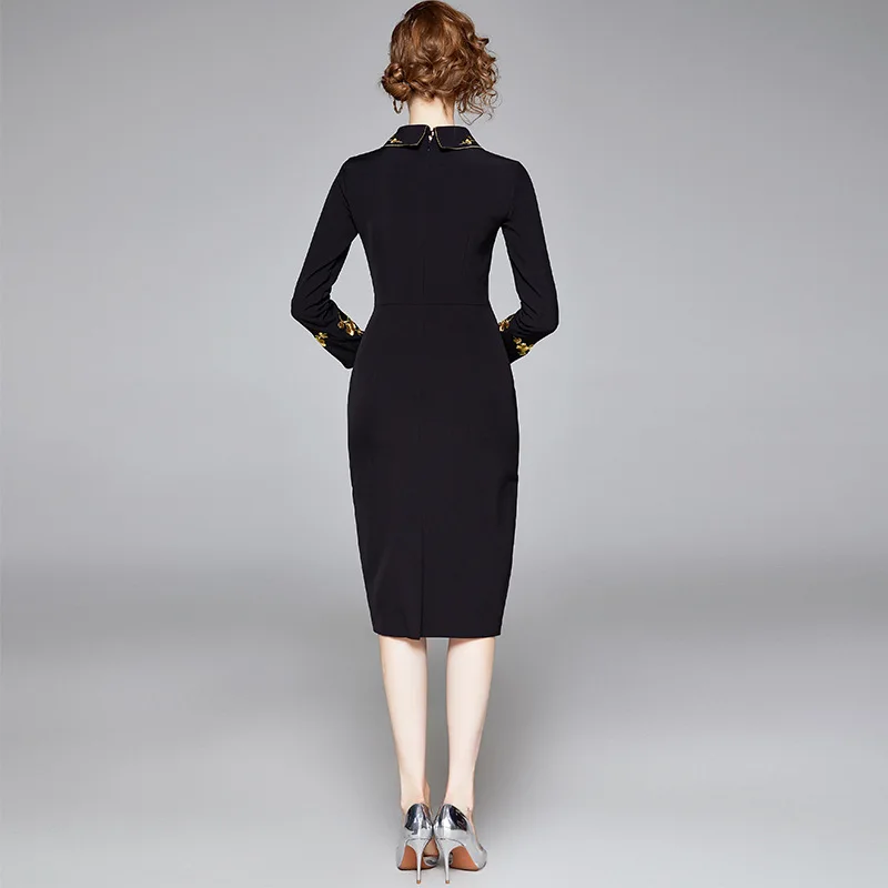 

2020 Fashion Spring Elegant Women Turn-down Collar Slim Solid Color Dresses Long Sleeve Plum Blossom Embroidery Bodycon Dresses