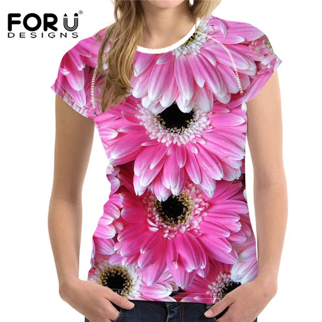 FORUDESIGNS/футболка с рисунком подсолнуха; 3D Цветочные розовые футболки для женщин; футболки для девочек; милые женские эластичные повседневные футболки с короткими рукавами - Цвет: CA4624BV