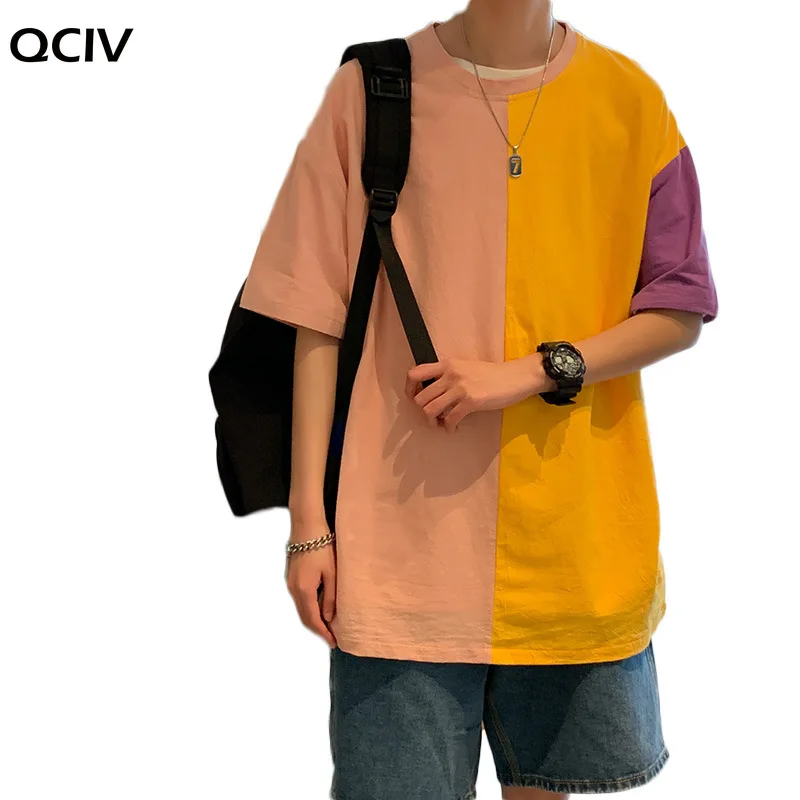 

New summer men's short-sleeved T-shirt couples contrast color stitching trend loose casual men's t-shirt tops