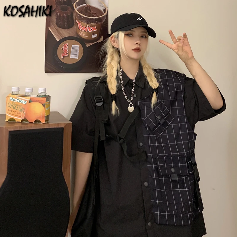 

Летняя новая женская блузка kosхиты 2021, Повседневная модная уличная одежда в клетку в стиле Харадзюку, рубашка-карго с коротким рукавом, блуз...