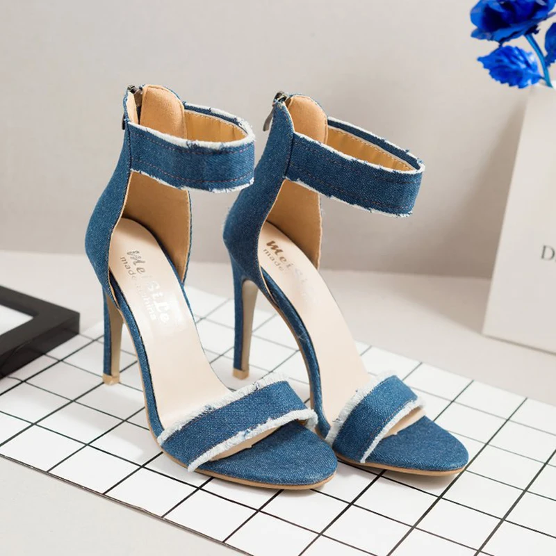 

2021 Summer Women's Sandals 10cm Fine Heeled Open Toe Denim Small Fresh Sandals New