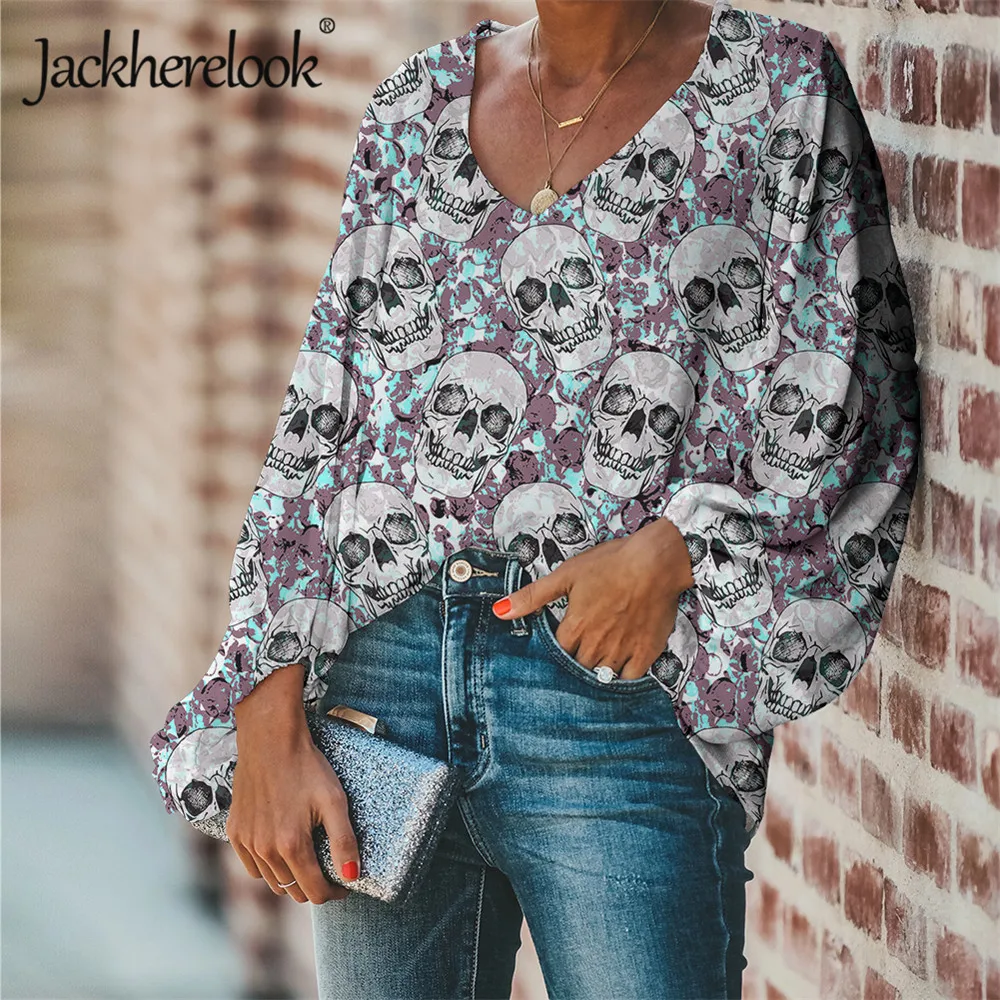 

Женская шифоновая блузка Jackherelook, летний/Весенний топ с изображением черепа, размера плюс