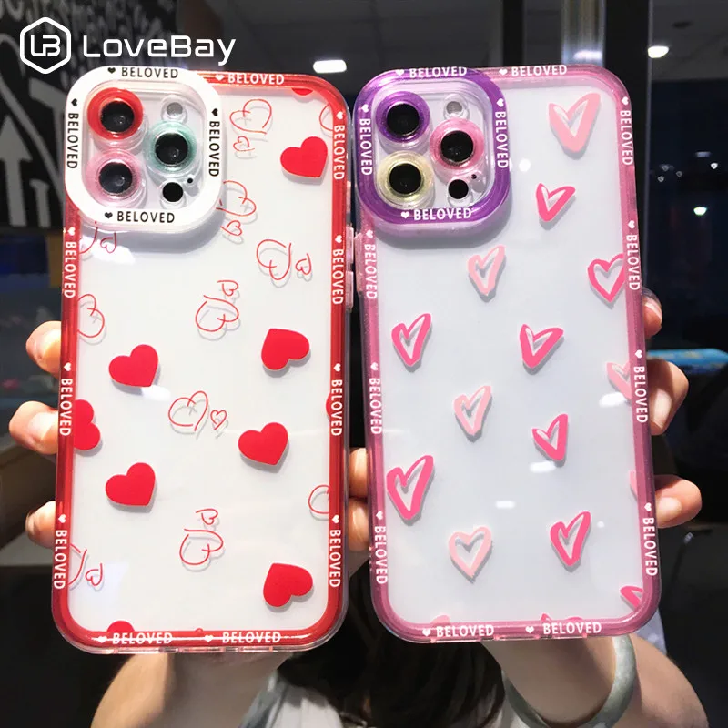 Lovebay Clear Love Heart Pattern Phone Case For iPhone 11 12 13 Pro Max X XR XS Max 7 8 Plus SE2020 Camera Protection Soft Cover