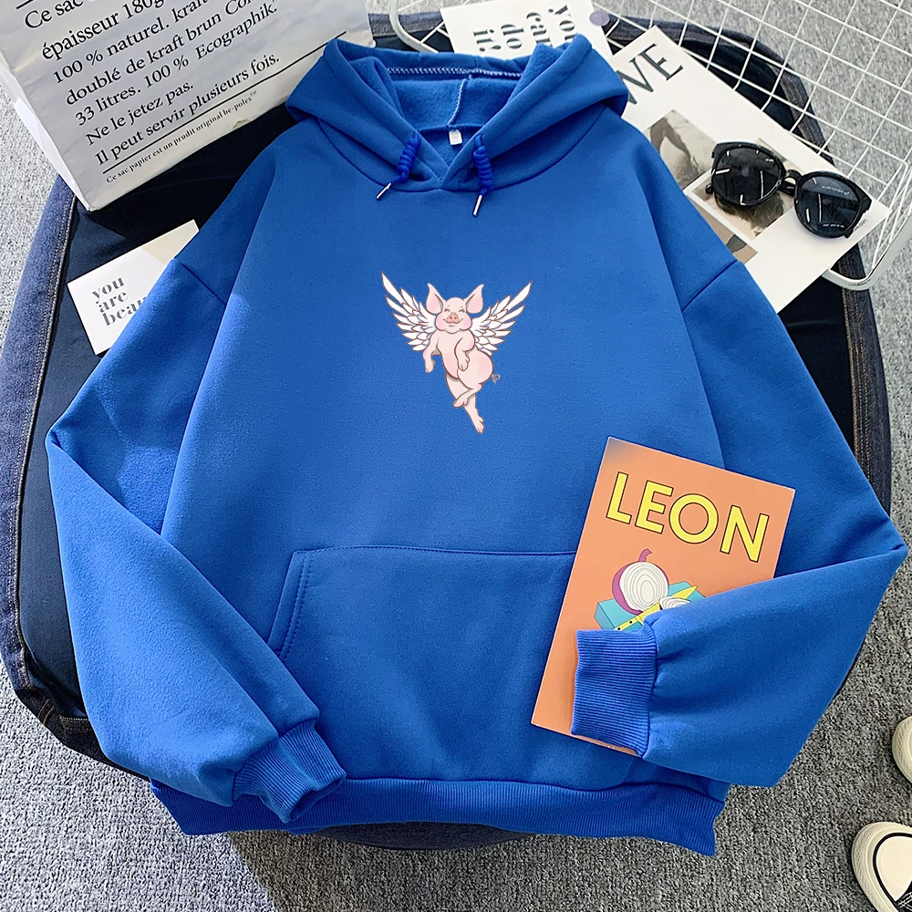Angel Pig Hoodie Casual Pullover Gothic Aesthetic Clothing Harajuku Oversize Sweetshirt for Girls Cartoon Print Women Winter Top