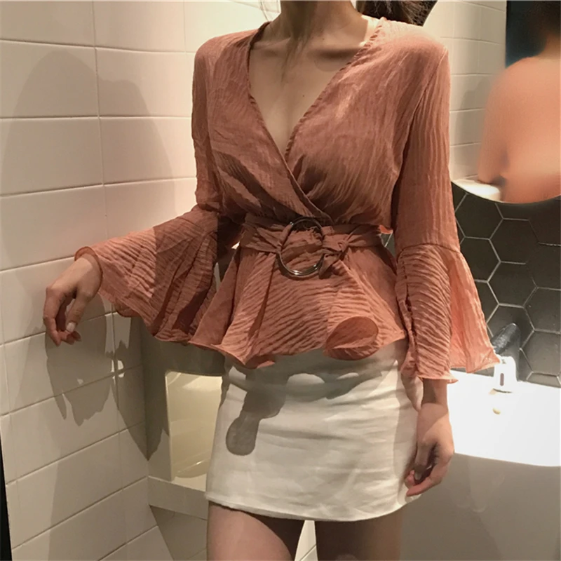 

Женская шифоновая рубашка с завязкой на талии, Модная белая блузка с длинными рукавами-фонариками и V-образным вырезом для офиса, весна-лето ...