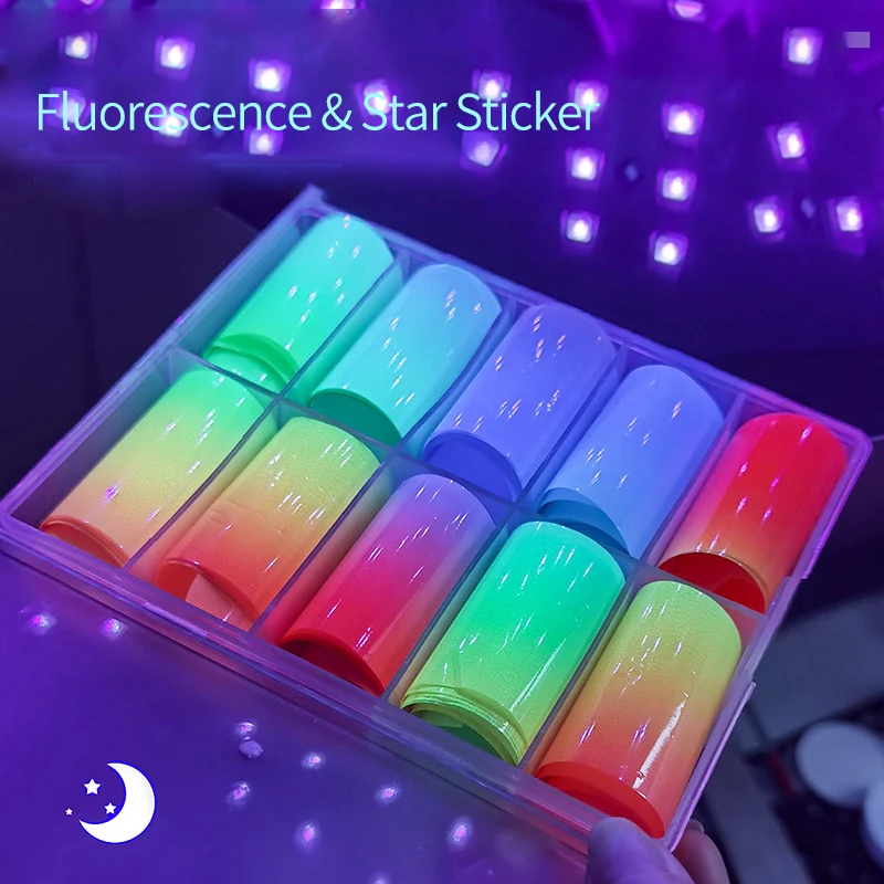

Ten Rolls/Box Nail Stickers Nail Art Colorful Fluorescence Transfer Paper Suit Starry Sky Sticker Lively Cute Sliders for Nails
