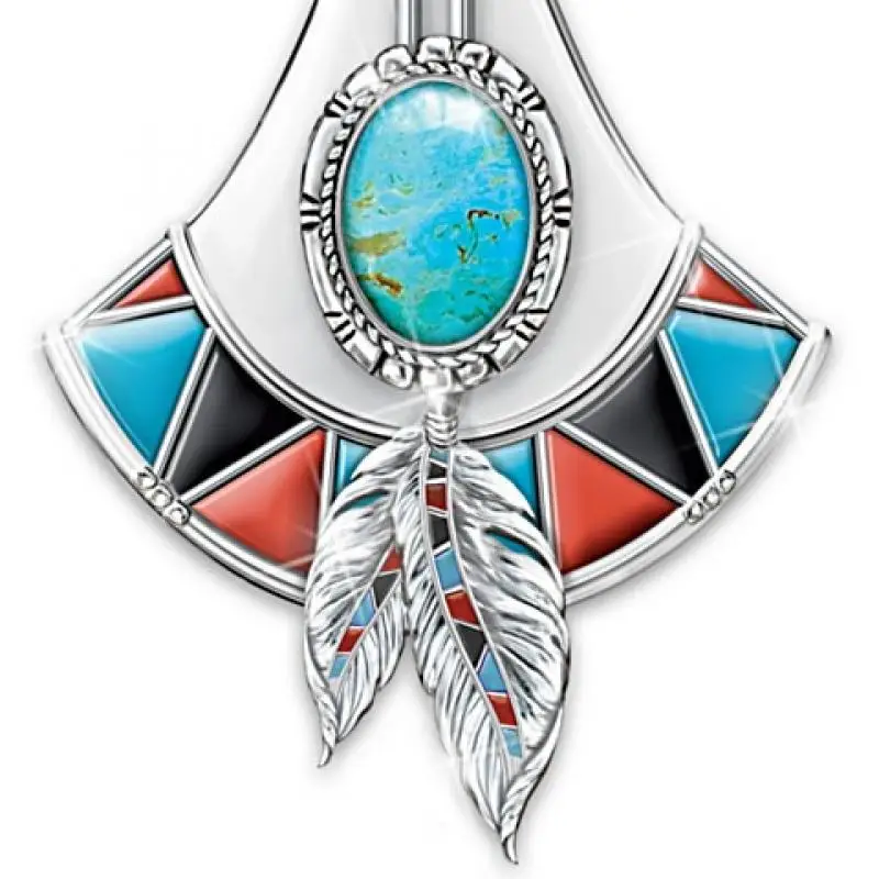

Blue Stone Inlaid Feather Fan-Shaped Pendant Necklace Women's Necklace New Fashion Metal Retro Female Accessories Party Jewelry