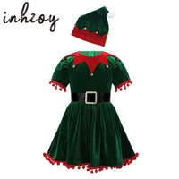 baby girls christmas elf costume kids toddlers santa claus cosplay holiday party clothes ruffled sleeve xmas dress with hat belt