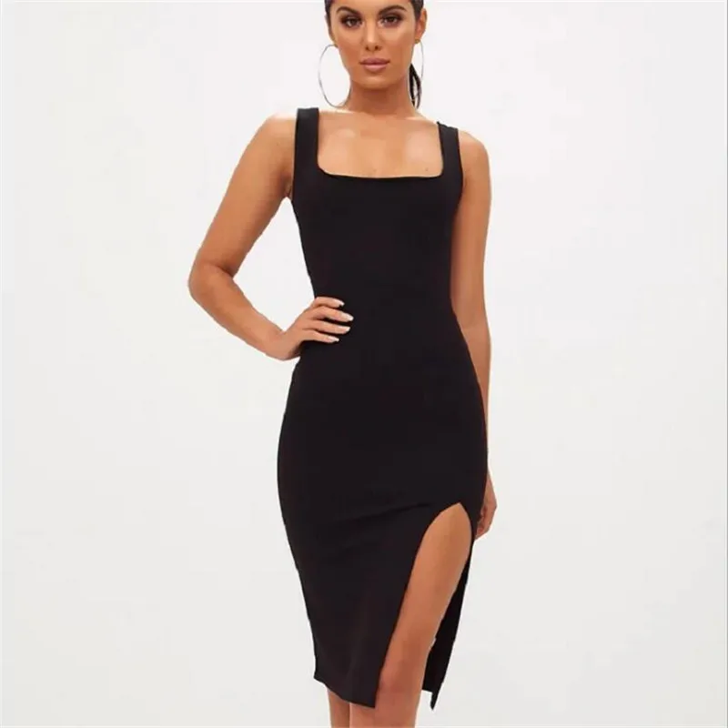 Приталенное офисное платье до колен с разрезом повседневное летнее женская