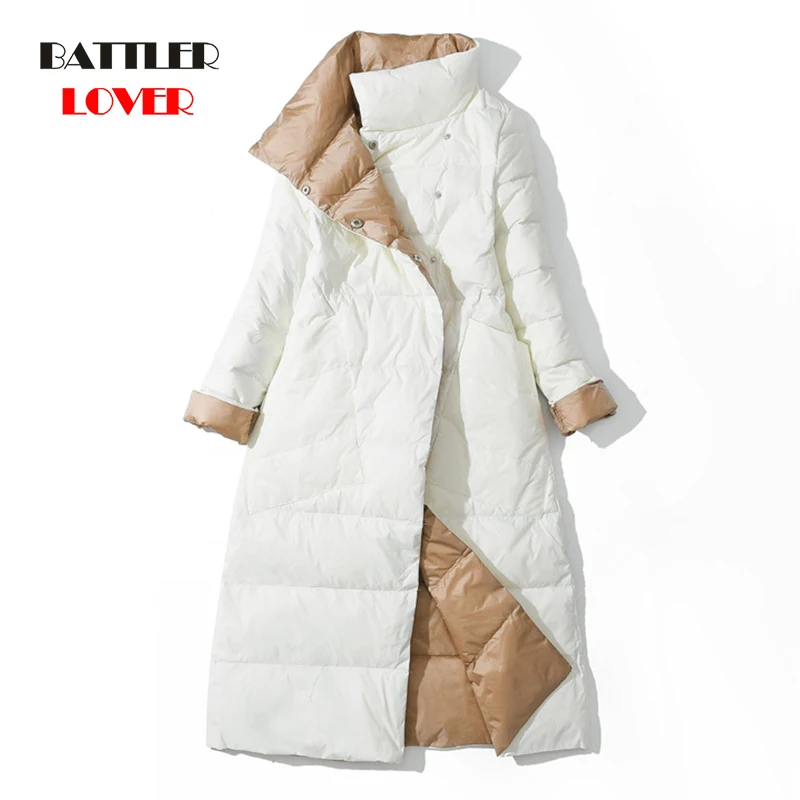 

Winter White Duck Down Coats For Women 2021 Double Face Wear Breasted Warm Long Parkas Female Two-face Sided Down Long Jackets