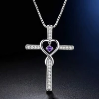 cross inlaid zircon pendant 925 silver love heart shaped birthstone necklace wholesale gift jewelry necklace pendant