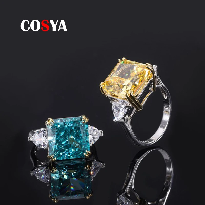 

COSYA 100% 925 Sterling Silver 13*13MM Mint Green Yellow High Carbon Diamond Rings For Women Sparkling Wedding Fine Jewelry Gift