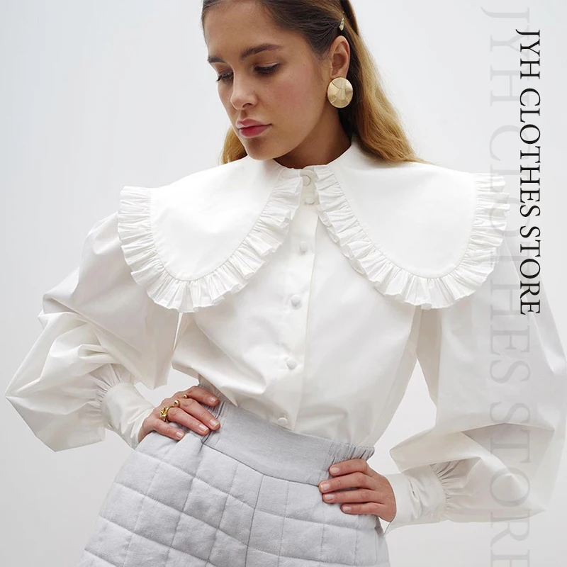 

Peter Pan Collar Ruffle Womens Blouse Long Sleeve White Cotton Casual Tops Female Spring Summer Frill Shirt Chic Vintage Blusas